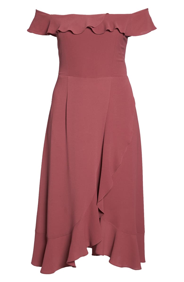 City Chic Off the Shoulder Ruffle High/Low Dress, Alternate, color,