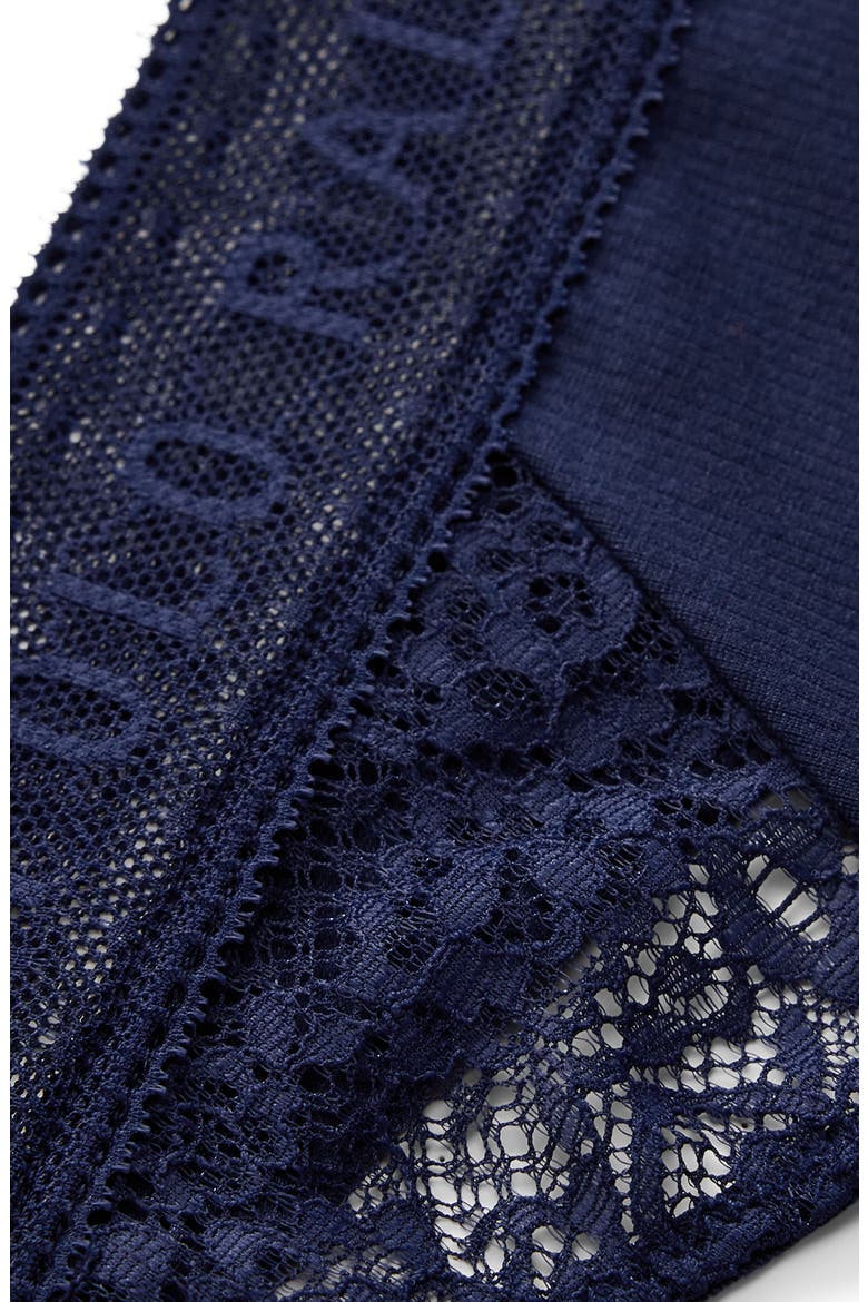 Lace & Stretch Cotton Rib Thong, Alternate, color, NAVY