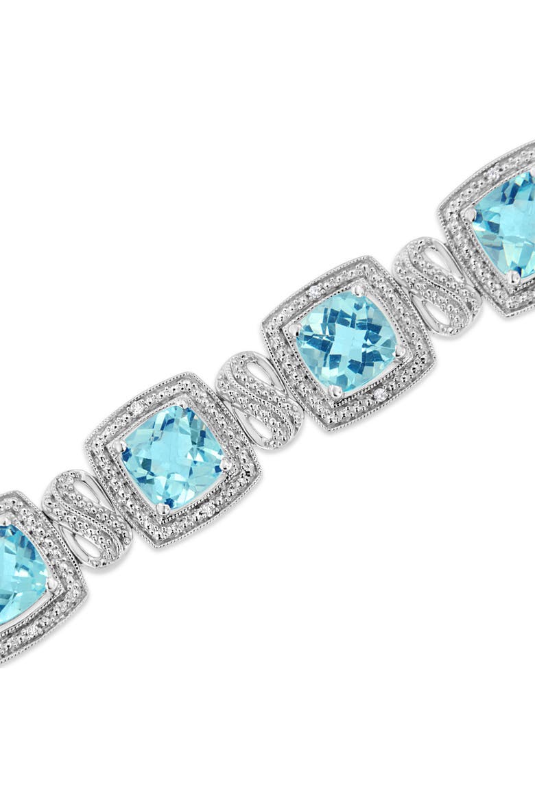 .925 Sterling Silver 7x7 mm Cushion Cut Blue Topaz and 1/10 Ctw Single Cut Diamond Square Shape Tennis Bracelet, Alternate, color, Blue Topaz