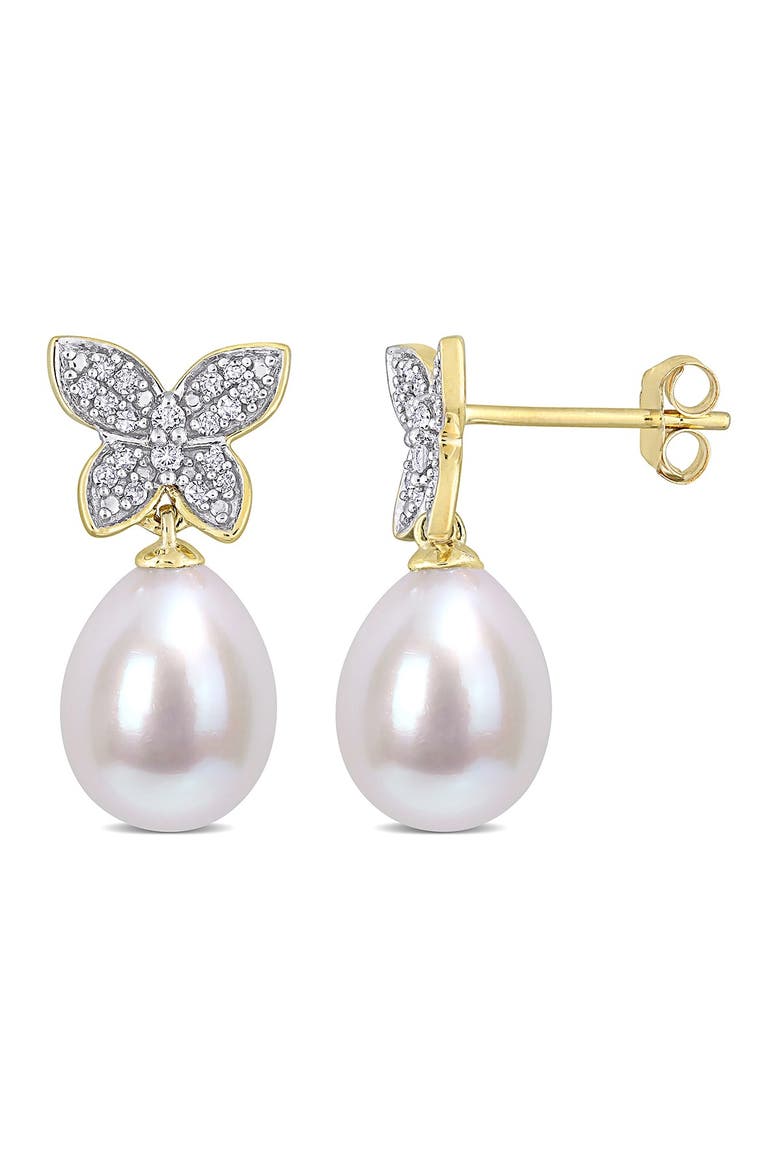 Diamond & 8.5-9mm Freshwater Pearl Earrings - 0.14ct, Main, color, WHITE