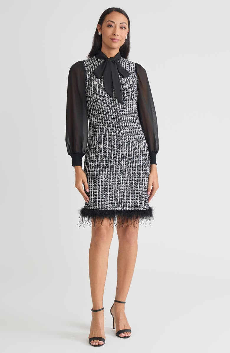 Ming Wang Mixed-Media Tweed Knit Sheath Dress, Main, color, Black/White