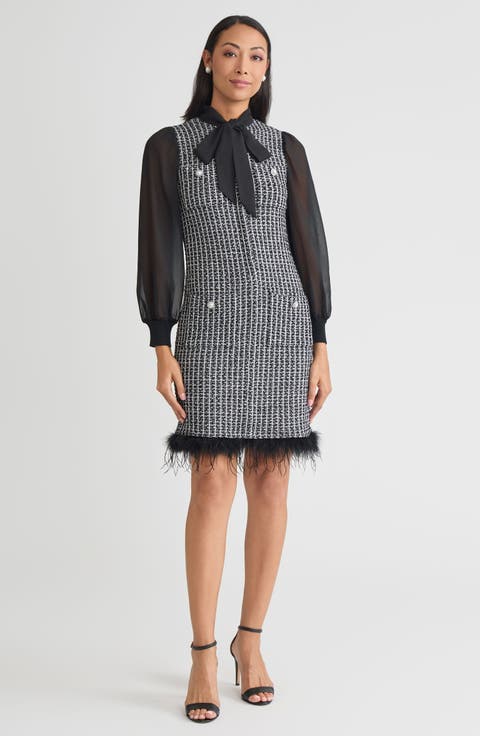 Mixed-Media Tweed Knit Sheath Dress