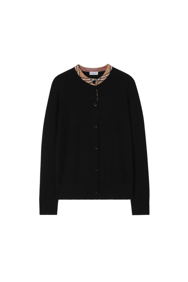 Check Trim Wool Cardigan, Alternate, color, Black