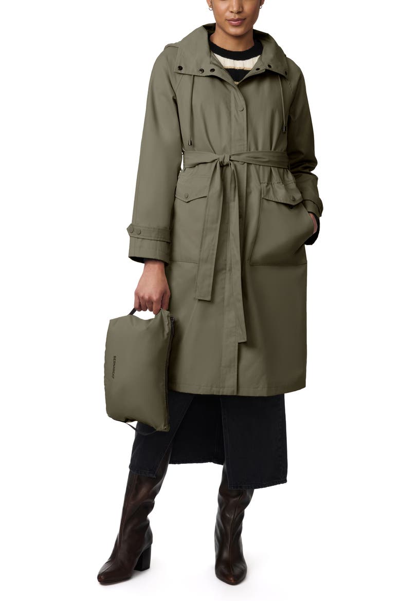 Water Resistant Tie Belt Packable Raincoat, Alternate, color, ARMY GREEN
