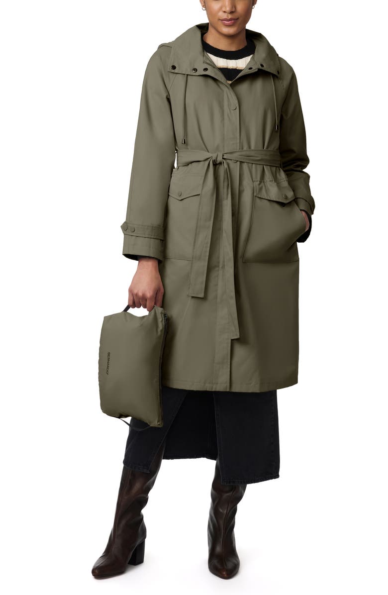 Bernardo Water Resistant Tie Belt Packable Raincoat, Alternate, color, Army Green