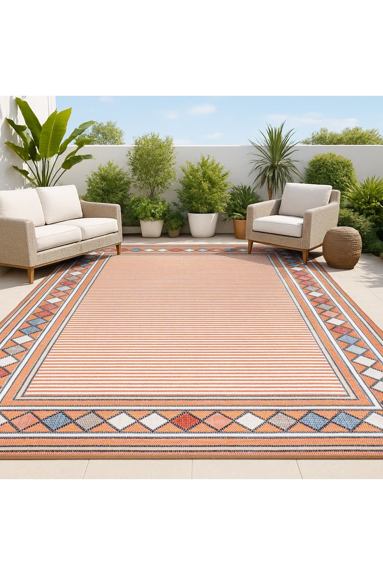 Sebastian High-Low Modern Diamond Border Indoor/Outdoor Area Rug, Alternate, color, Orange/Ivory
