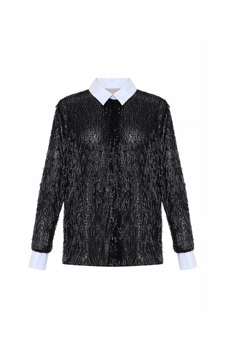 THEO The Label Kleio Sequin Collared Shirt, Main, color, Black