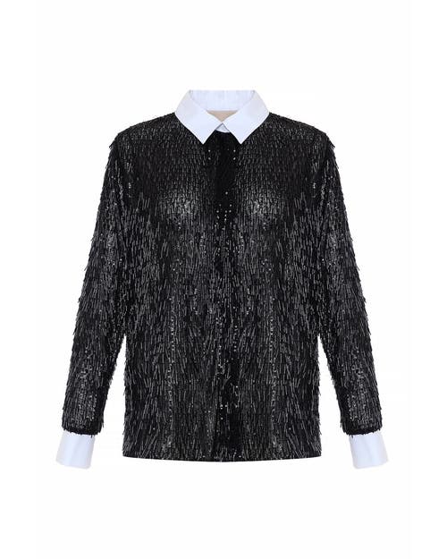 Theo The Label Kleio Sequin Collared Shirt In Black