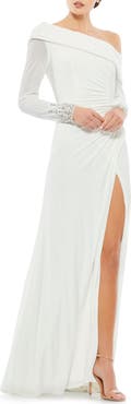 Mac Duggal Women's Drop Shoulder Faux Wrap Gown with Beaded Cuffs