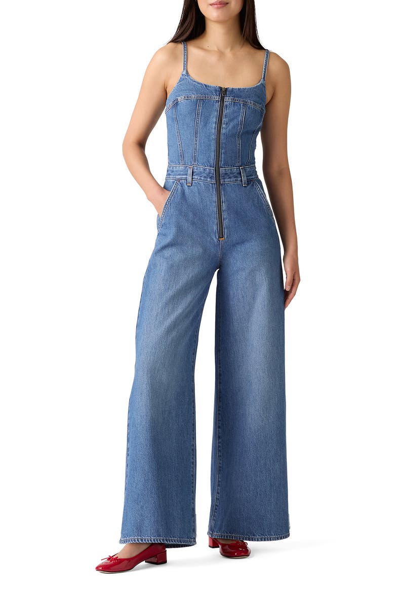 Bustier Zip Denim Jumpsuit, Main, color, VINTAGE VIBE