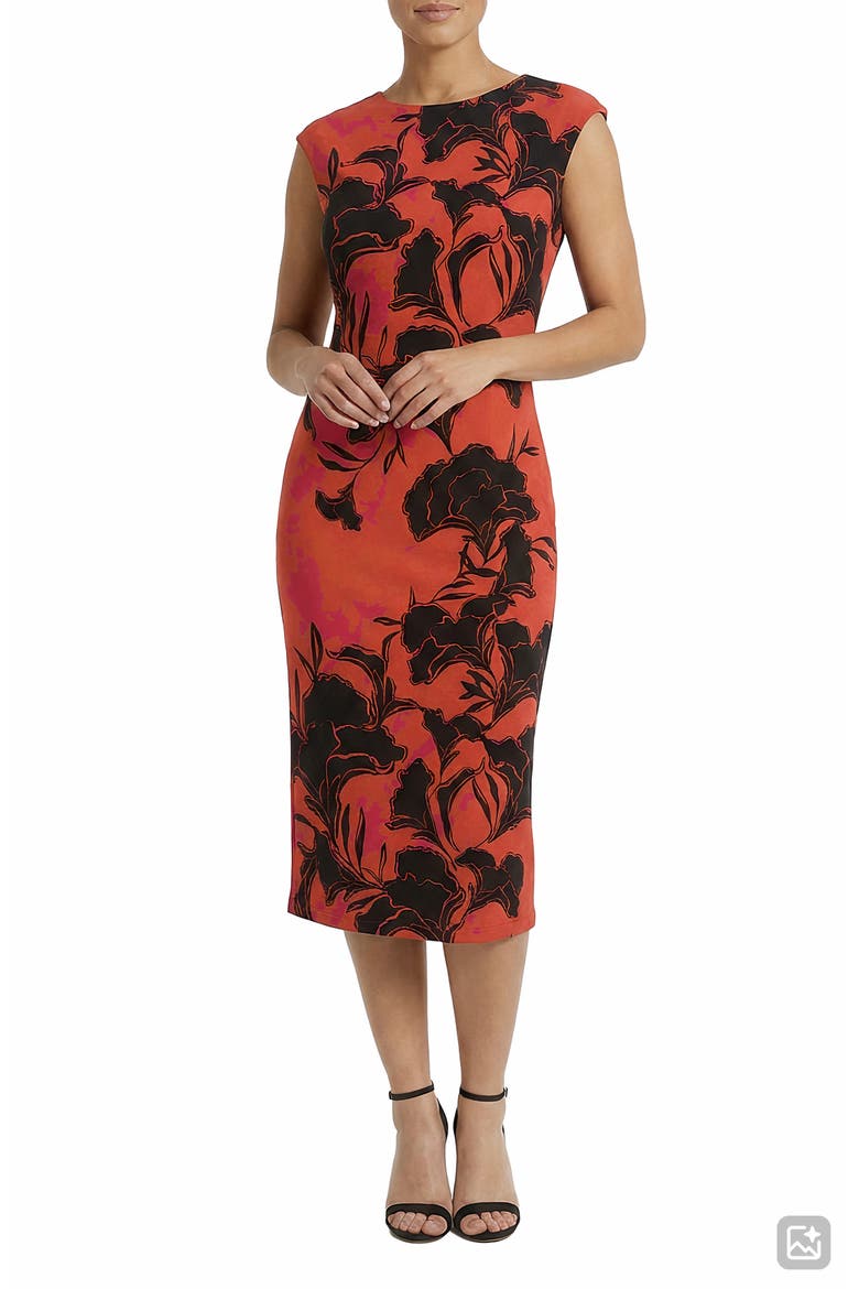 Cap Sleeve Midi Sheath Dress, Main, color, BRICK RED/ BLACK