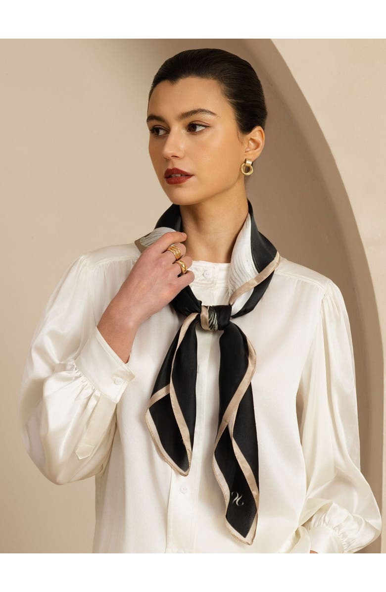 SILKSILKY Pure Silk White Ribbon Square Scarf, Alternate, color, Black