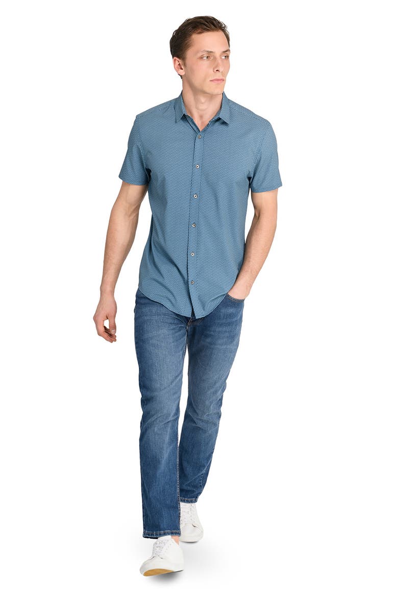 Trim Fit Hexagon Print Short Sleeve Performance Button-Up Shirt, Alternate, color, TEAL