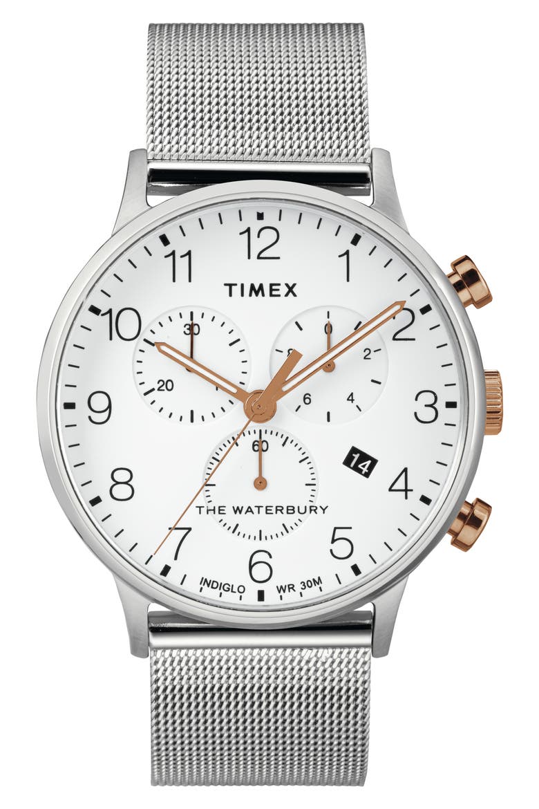 Waterbury Chronograph Mesh Strap Watch, 40mm, Main, color, SILVER/ WHITE/ ROSE GOLD
