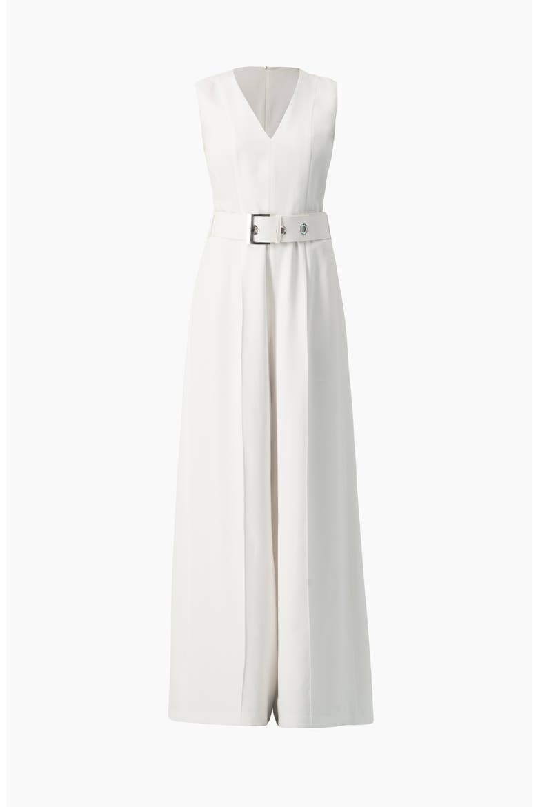 Clean V-Neck Buckle-Belt Wide-Leg Tailored Jumpsuit, Alternate, color, White