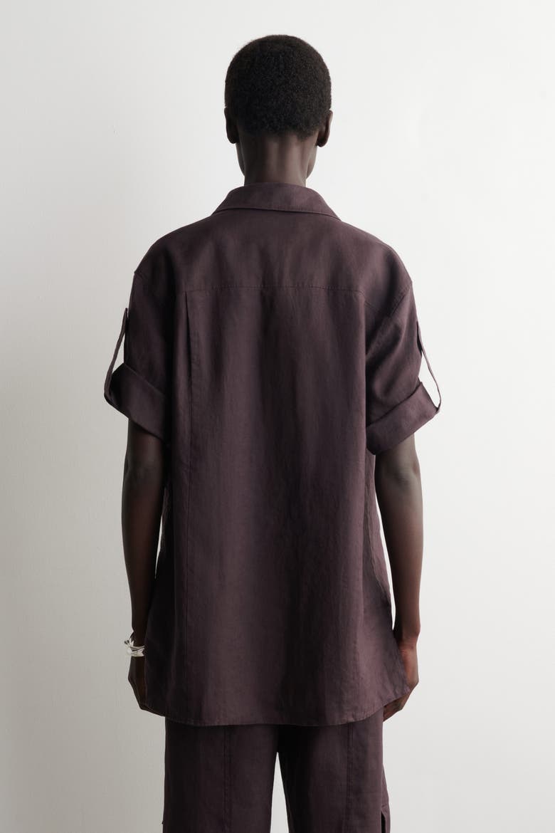 Folded-sleeve Linen Shirt, Alternate, color, BURGUNDY