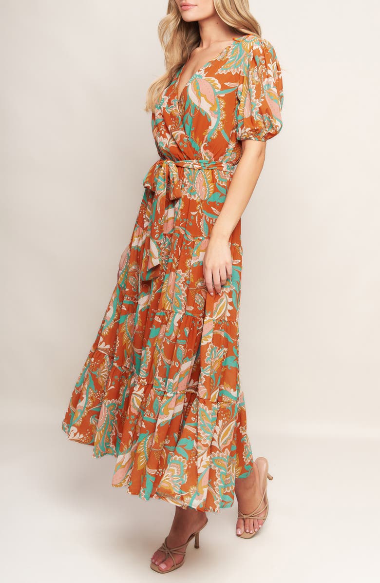 FLYING TOMATO Print Tiered Midi Dress, Alternate, color, Rust