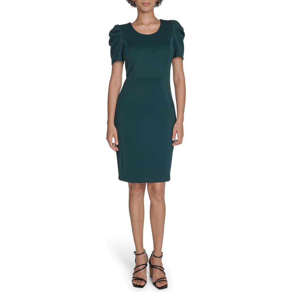 Calvin Klein Puff Sleeve Scuba Sheath Dress In Green