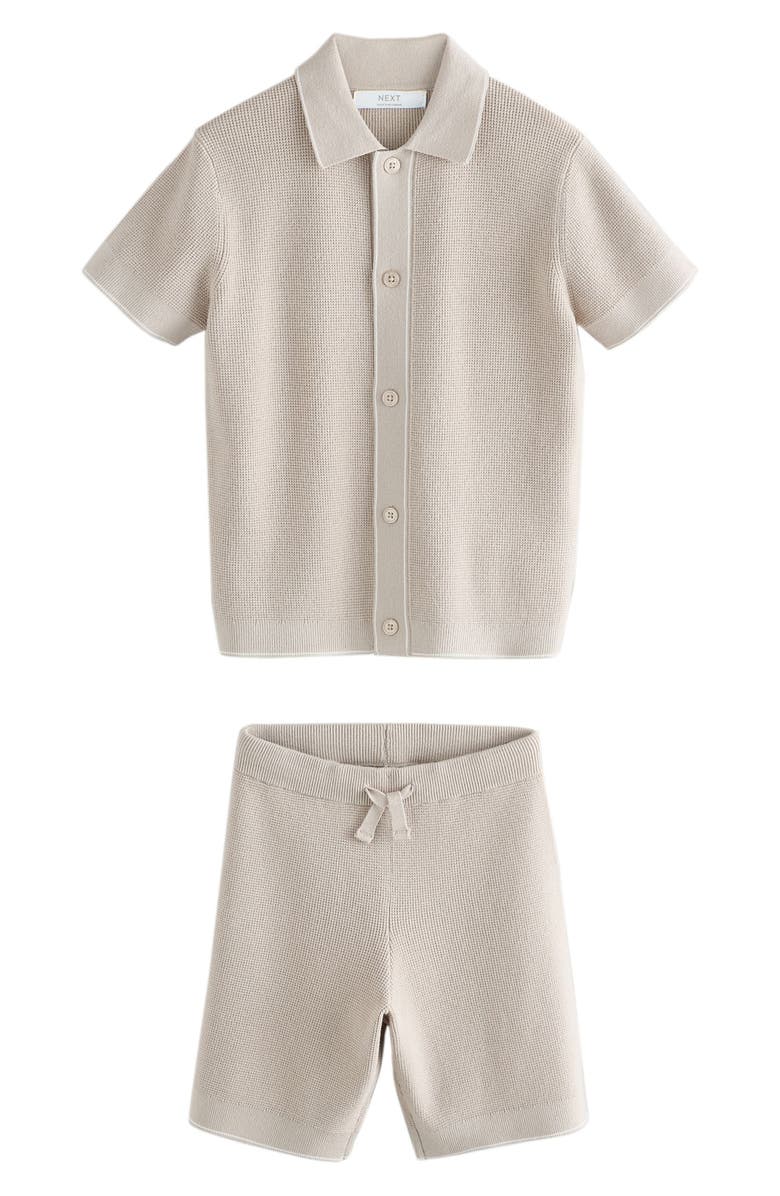 NEXT Kids' Knit Short Sleeve Button-Up Shirt & Shorts Set, Main, color, Neutral