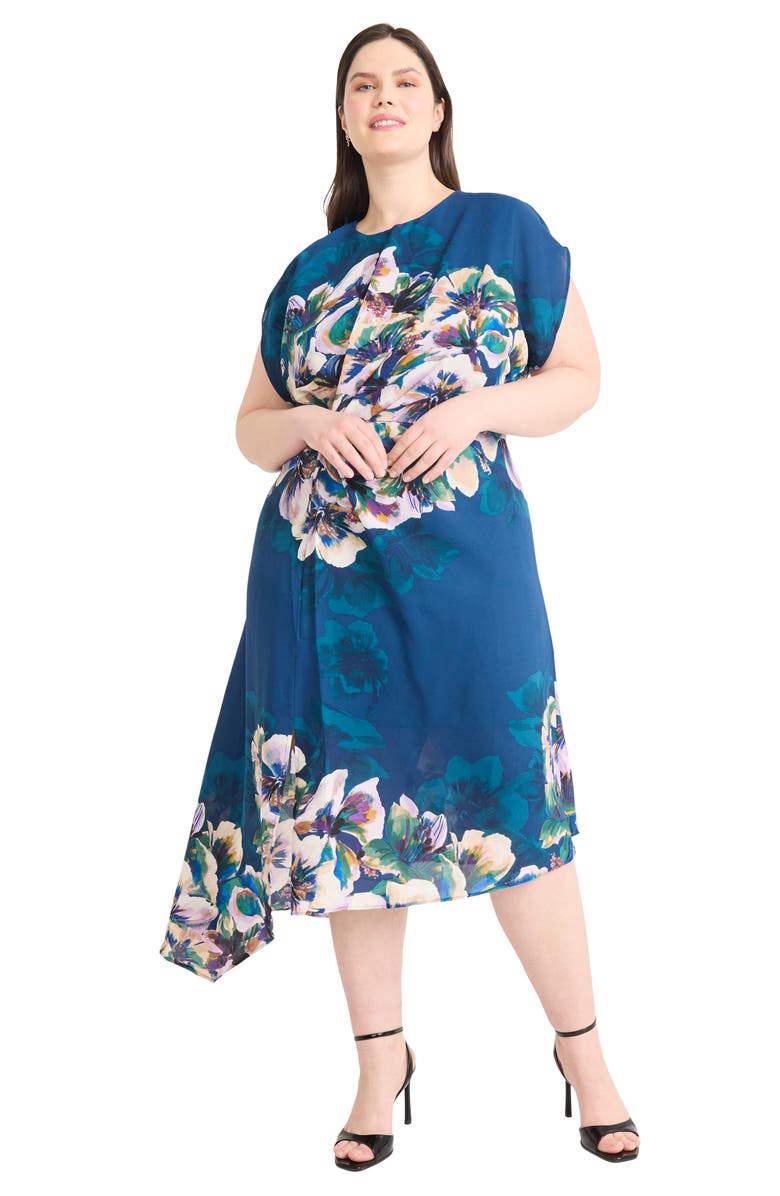 Maggy London Floral Short Sleeve Asymmetric Hem Midi Dress, Alternate, color, Deep Teal/ Light Royal Lilac