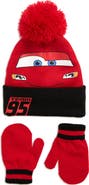 USPA ACCESSORIES Kids' Lightning McQueen Faux Fur Pompom Beanie & Mittens Set