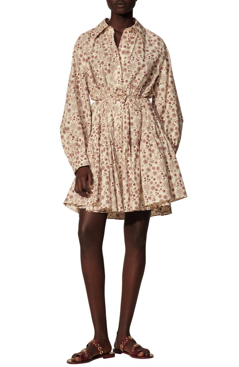 SANDRO Claudine Sun & Floral Long Sleeve Tiered Dress, Main, color, Ecru