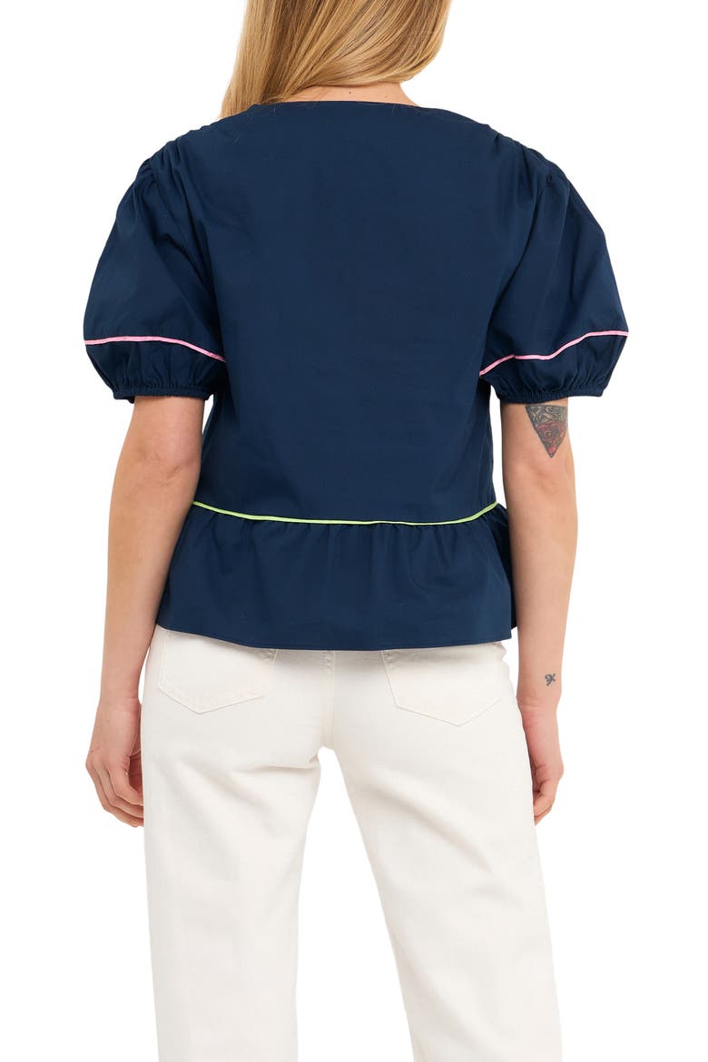 Piping Detail Puff Sleeve Top, Alternate, color, NAVY