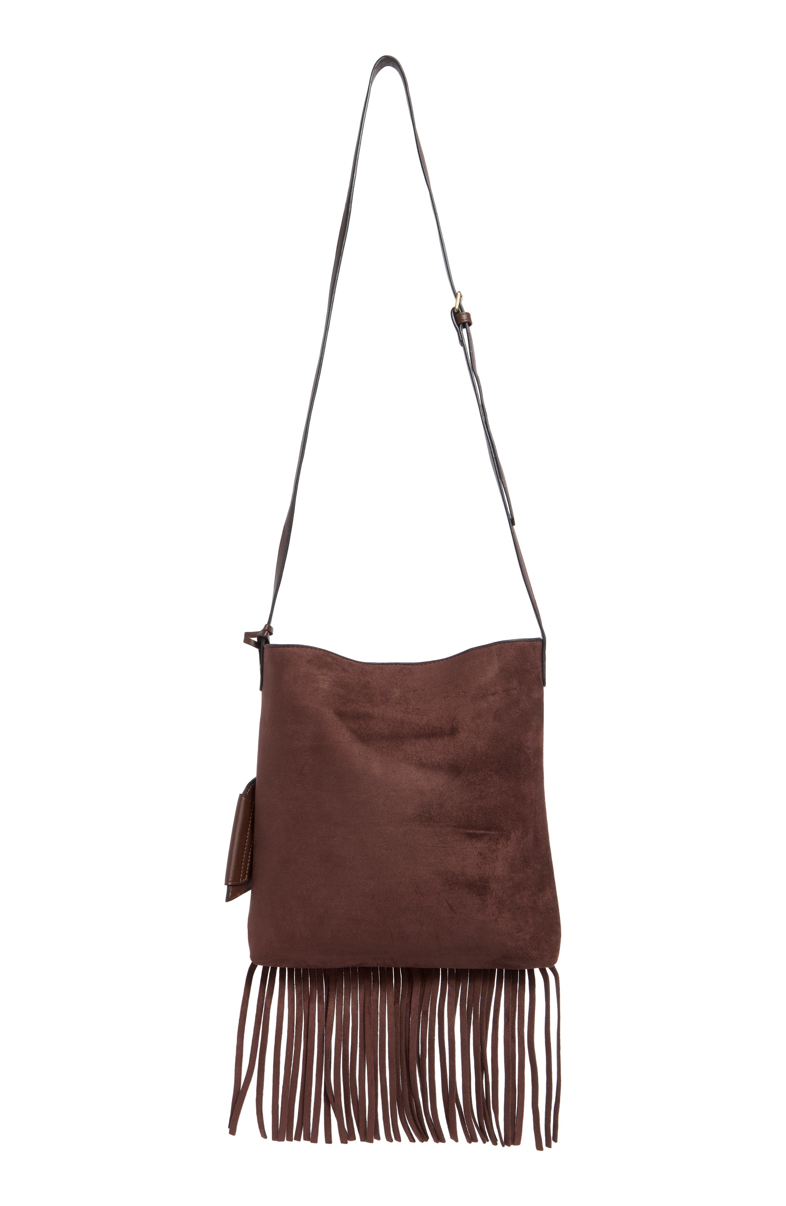 Fringe Faux Suede Crossbody Bag, Alternate, color, CHOCOLATE