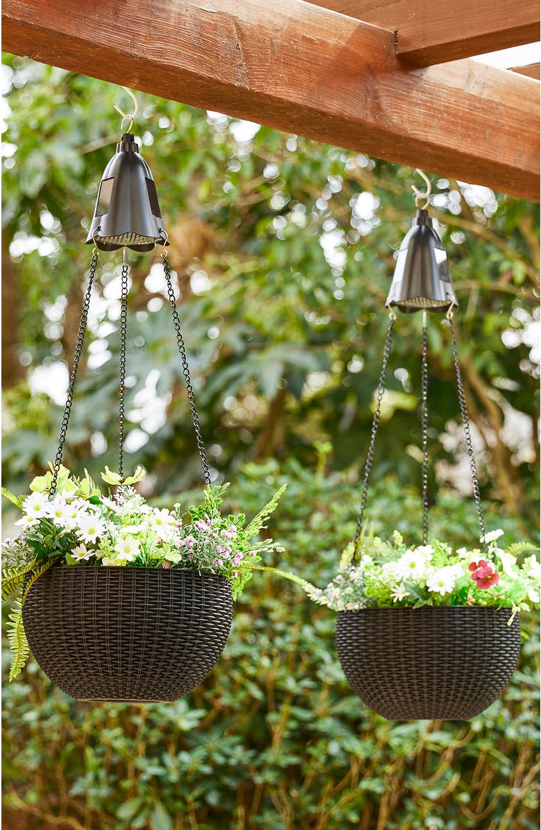 Glitzhome Set of 2 Solar Lighted Hanging Black Plastic Basket Planters, Alternate, color, Black