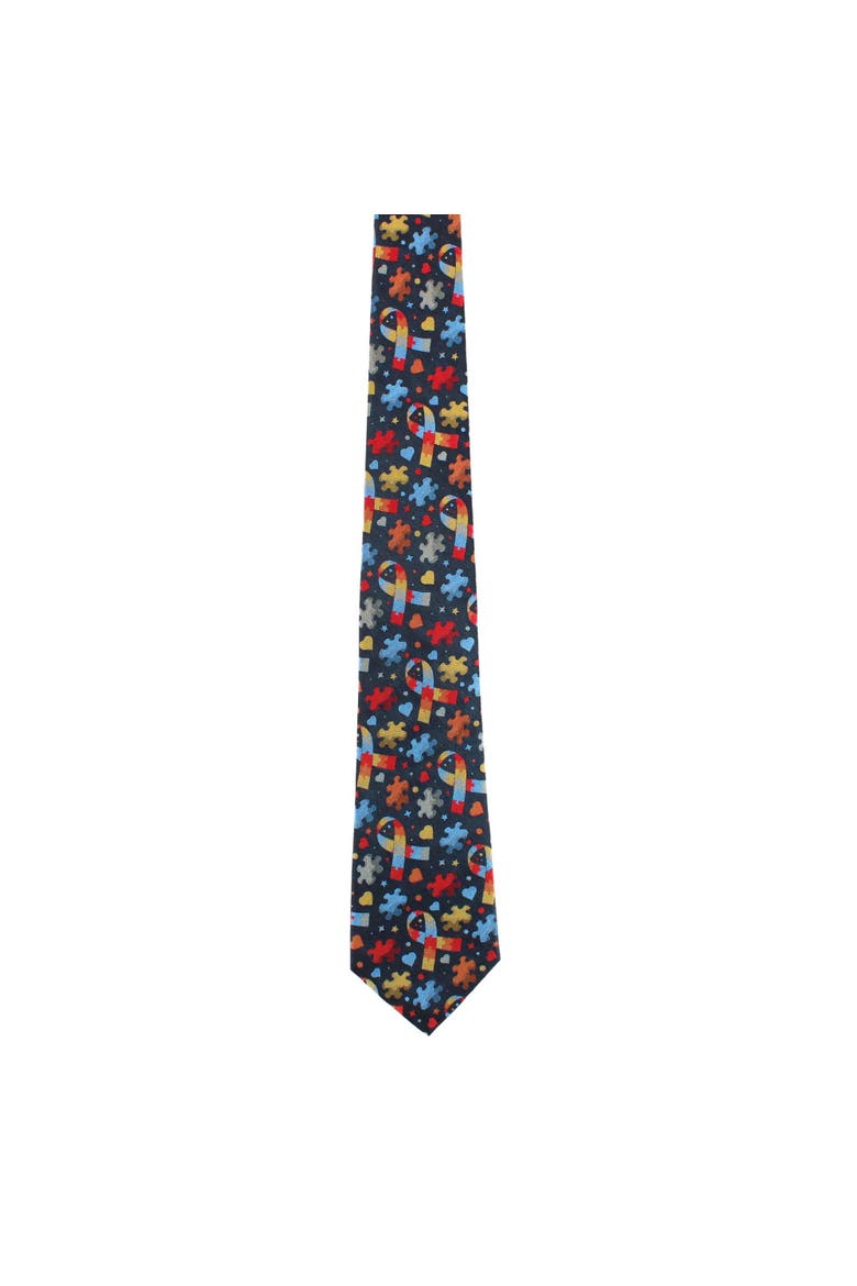 Autism Visibility Novelty Silk Necktie, Alternate, color, Navy Blue with Multiple Colors
