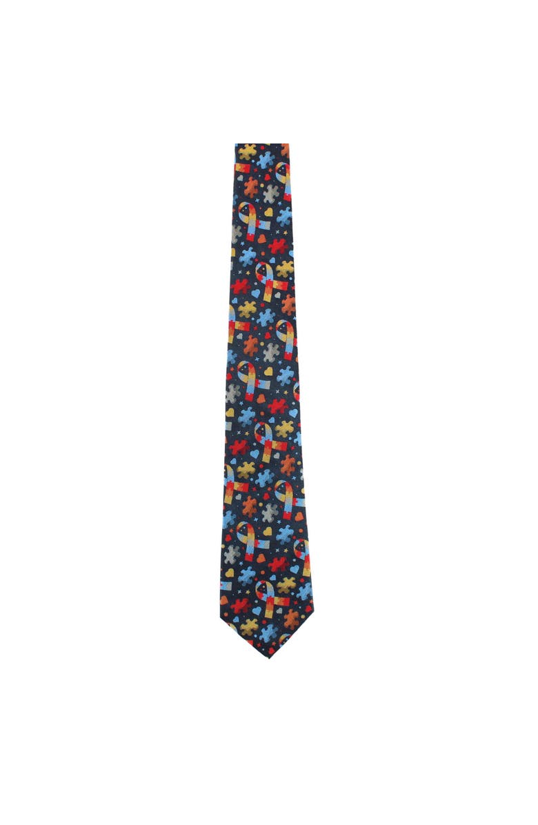 Trafalgar Autism Visibility Novelty Silk Necktie, Alternate, color, Navy Blue With Multiple Colors