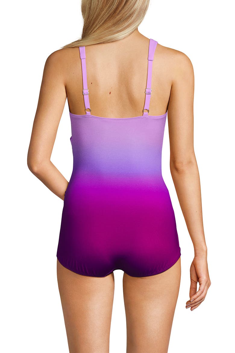 DDD-Cup Slender V-Neck Tummy Control Chlorine Resistant Skirted One Piece Swimsuit, Alternate, color, Crimson Rose/Purple Ombre