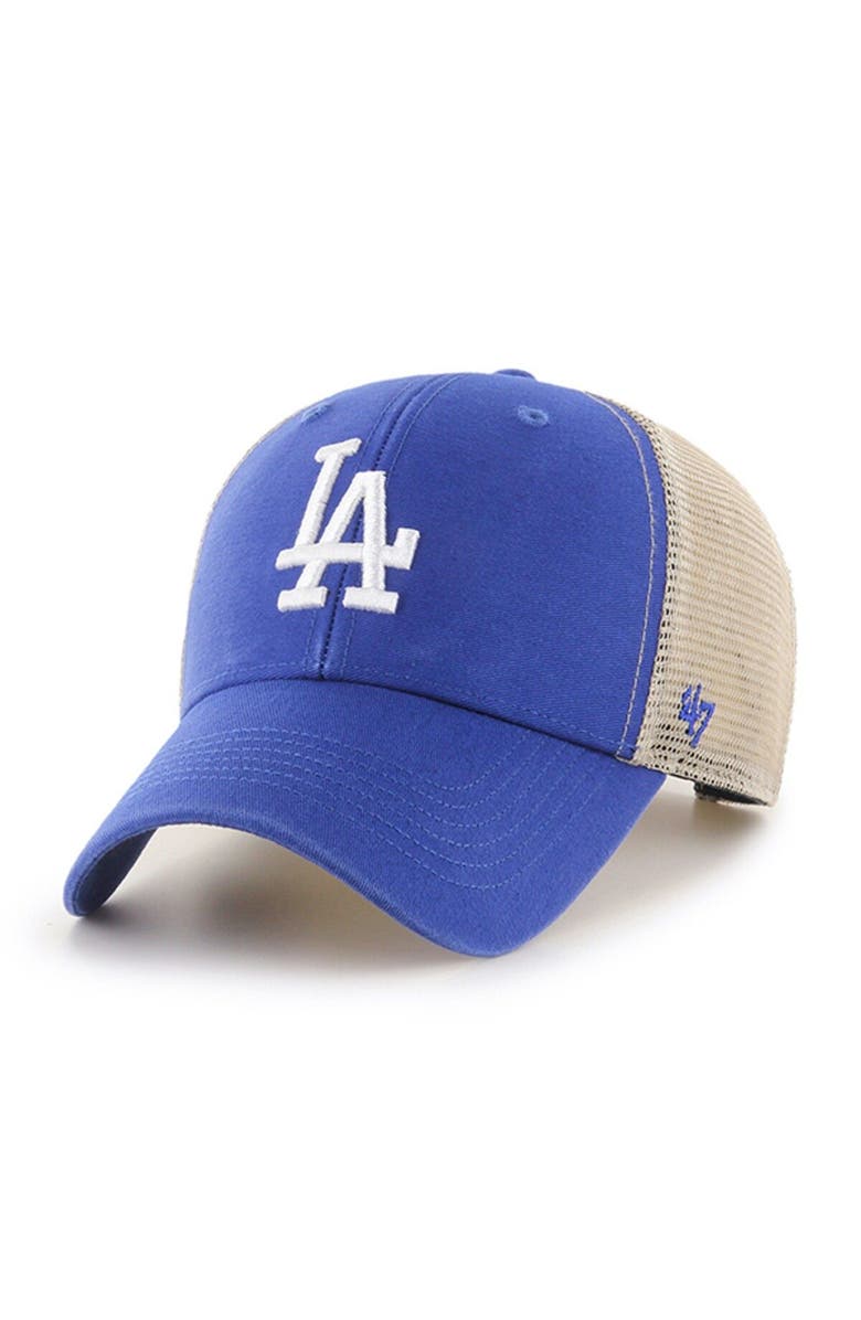 '47 Men's '47 Royal/Natural Los Angeles Dodgers Flagship Washed MVP Trucker Snapback Hat, Main, color, 