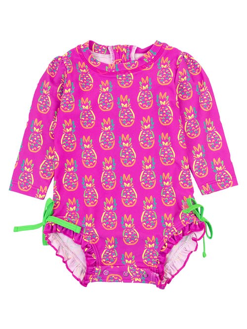 Rufflebutts Baby Girls Long Sleeve Upf50+ One Piece Rash Guard In Neon Violet Pineapples