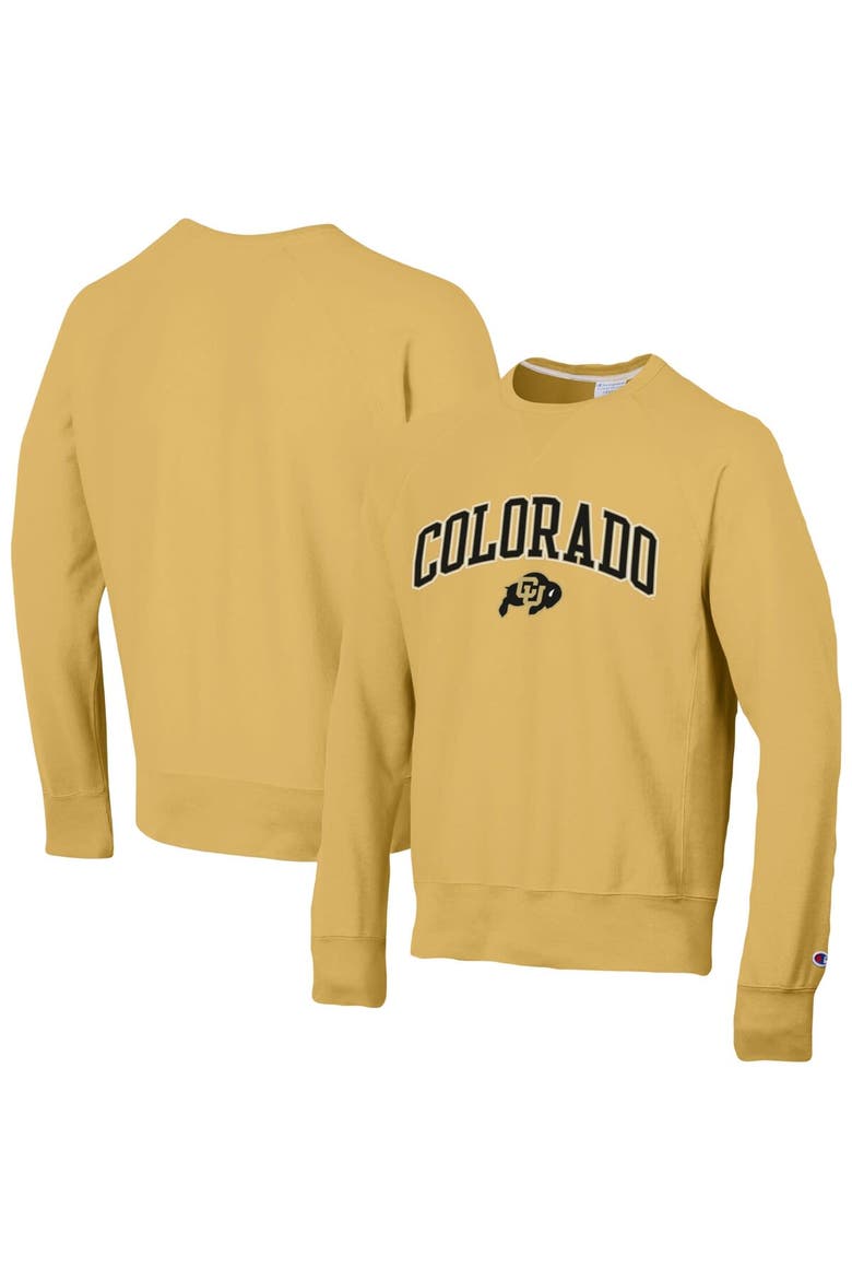 Men's Champion Gold Colorado Buffaloes Skinny Arch Over Vintage Wash Pullover Sweatshirt, Main, color, Gold