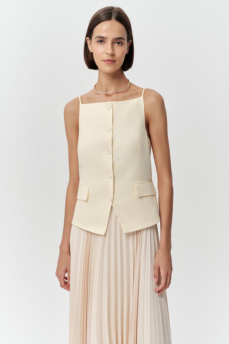 Angeletta Sleeveless Linen Trim Pleated Midi Dress, Alternate, color, Beige