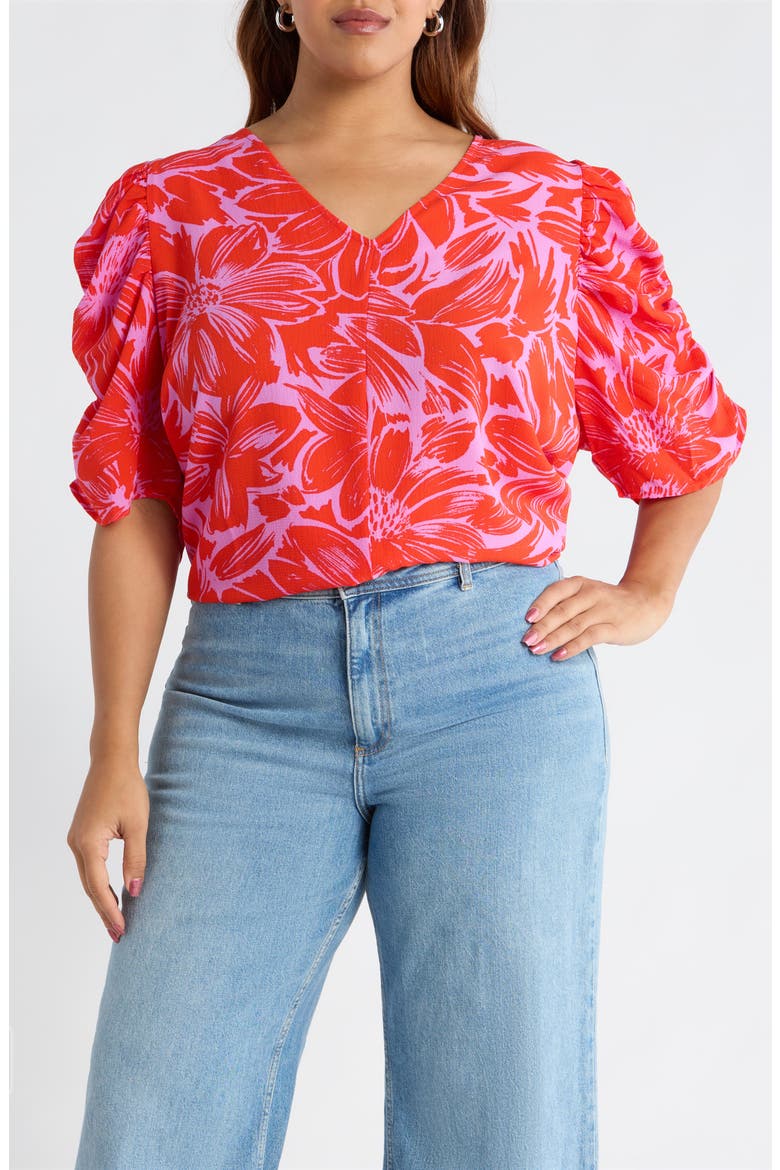Rania Floral Chancellor Ruched Sleeve Top, Main, color, PINK RED MULTI