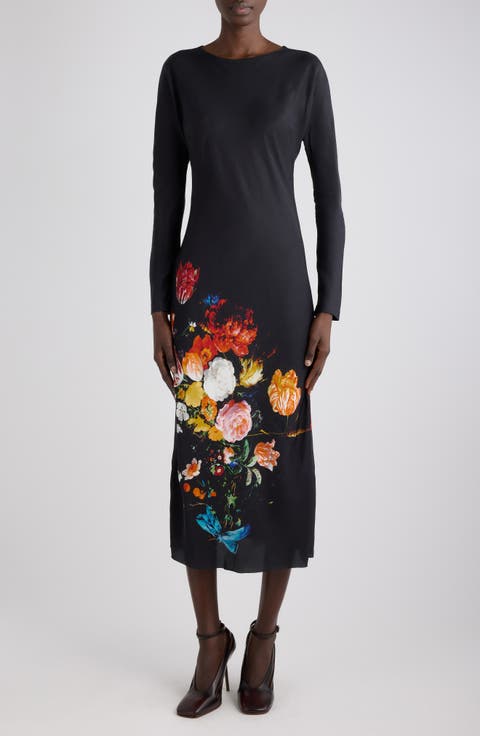 Davion Floral Print Long Sleeve Midi Dress