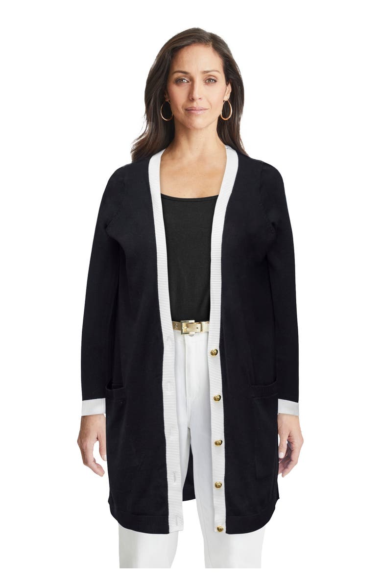 Jessica London Tipped Button Front Cardigan, Main, color, Black White
