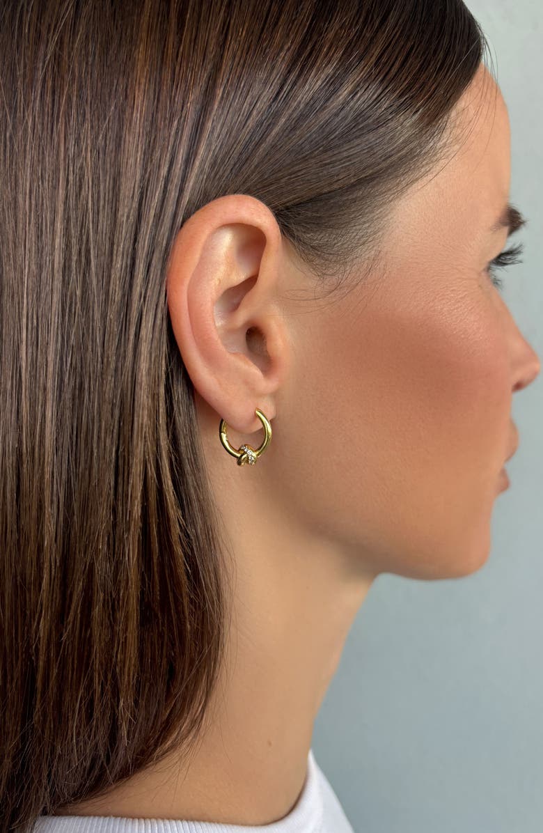 Adornia 14K Gold Plated Cubic Zirconia Knot Huggie Hoop Earrings, Alternate, color, Gold