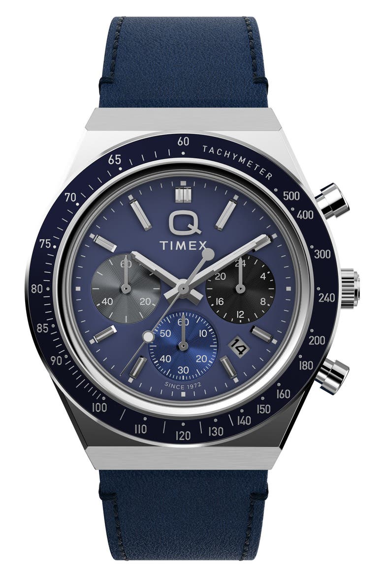 Q Chronograph Leather Strap Watch, 40mm, Main, color, BLUE