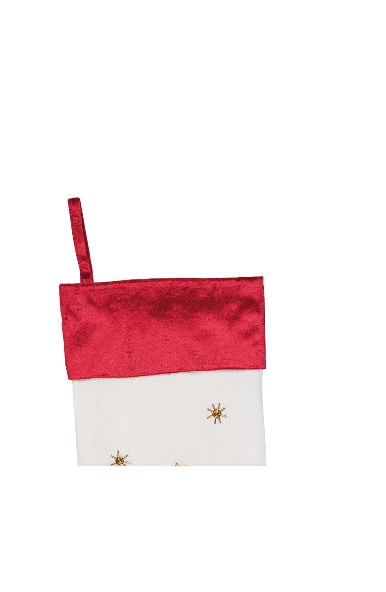 C&F Home Ribbon Decorated Green Christmas Tree on White Background with Red Velvet Cuff Stocking 20.0 inch, Alternate, color, Green