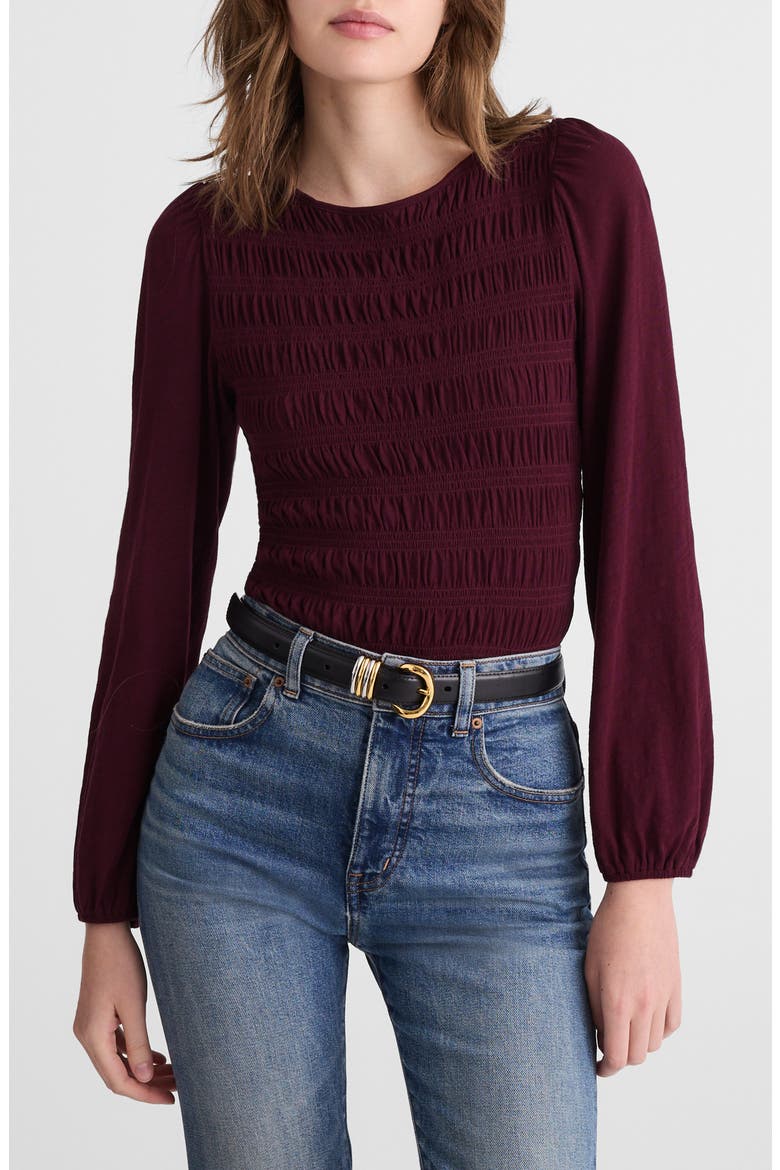 Smocked Boat Neck Long Sleeve Cotton Top, Main, color, DARK POMEGRANATE