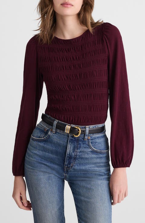 Smocked Boat Neck Long Sleeve Cotton Top