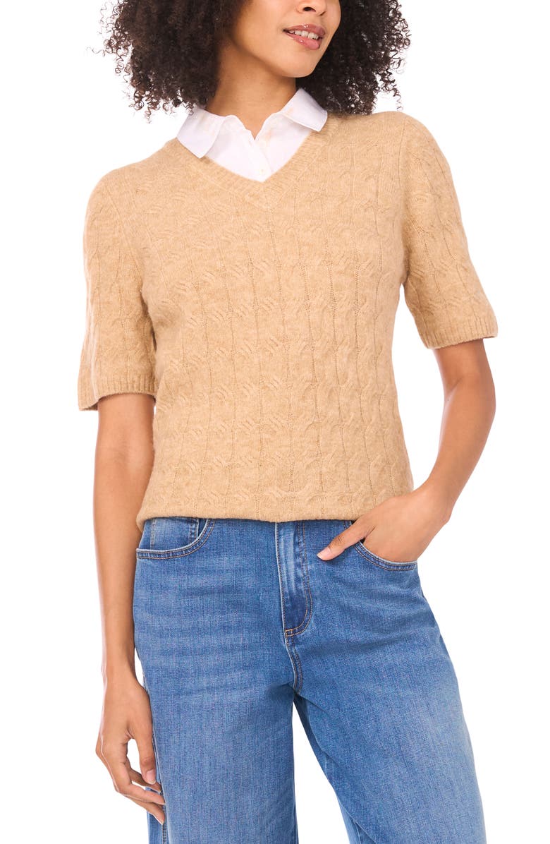 Vince Camuto Layered Look Cable Short Sleeve Sweater, Main, color, Latte Heather