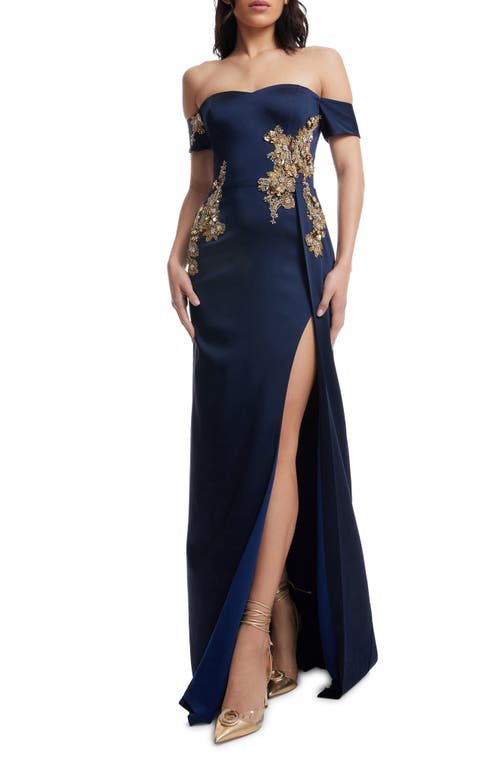 DRESS THE POPULATION DRESS THE POPULATION LOGAN FLORAL APPLIQUÉ OFF THE SHOULDER GOWN 