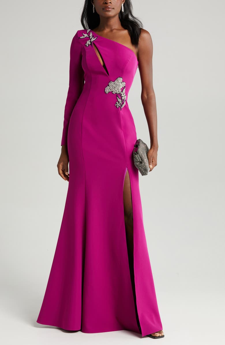 Marchesa Notte Floral One-Shoulder Long Sleeve Gown, Main, color, 