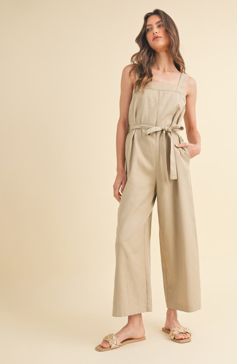 WISHLIST Belted Cotton Blend Capri Jumpsuit, Alternate, color, Taupe