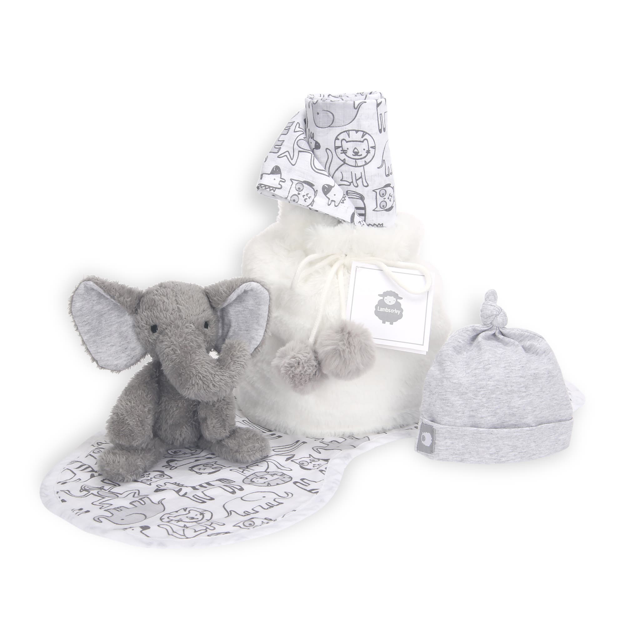 Lambs & Ivy 5 Piece Gray/White Plush Infant/Newborn Baby Gift Bag w/ Swaddle 
