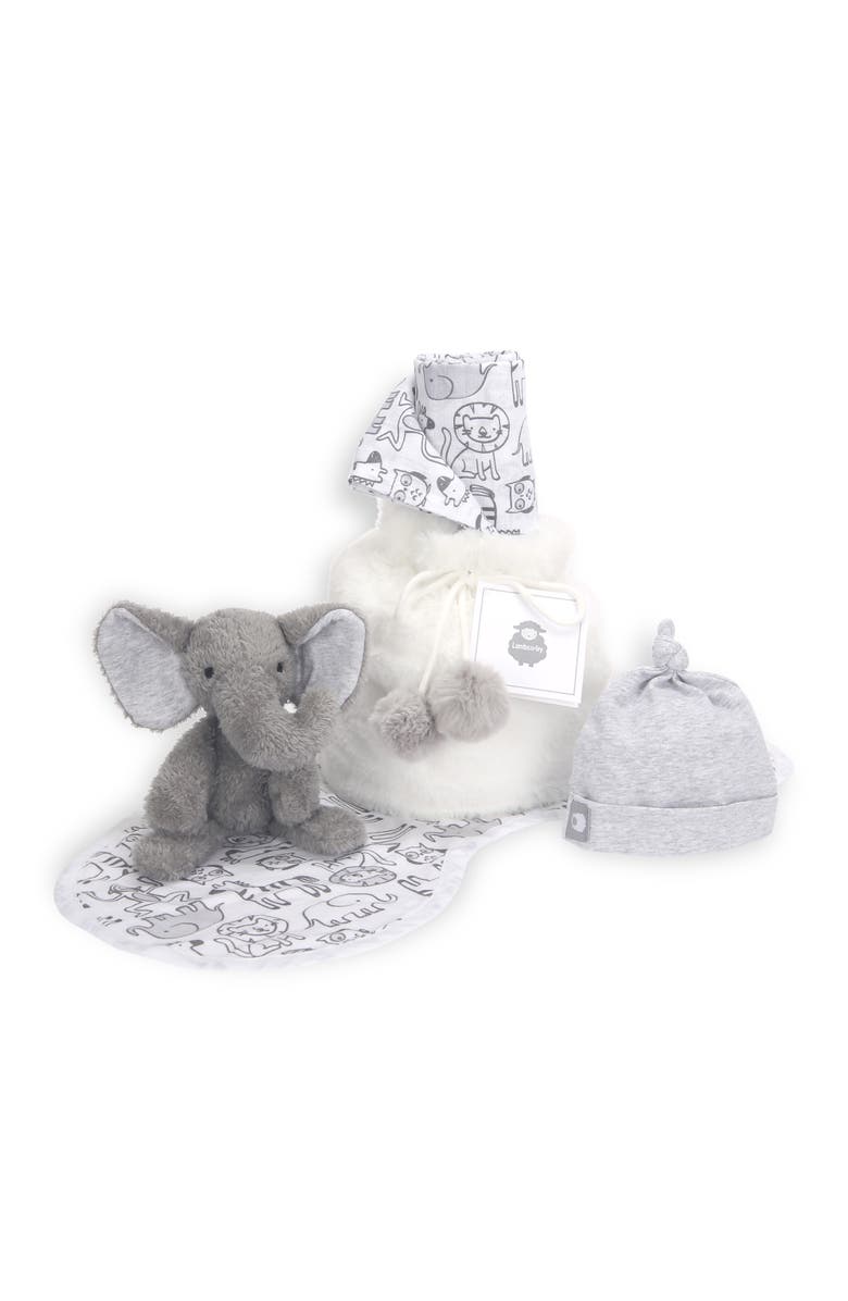 Lambs & Ivy 5 Piece Gray/White Plush Infant/Newborn Baby Gift Bag w/ Swaddle, Main, color, Gray